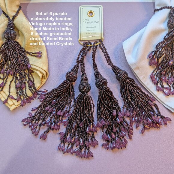 Set of 6 purple lushly beaded VTG napkin rings, Hand Made in India, 8" length - Picture 1 of 15